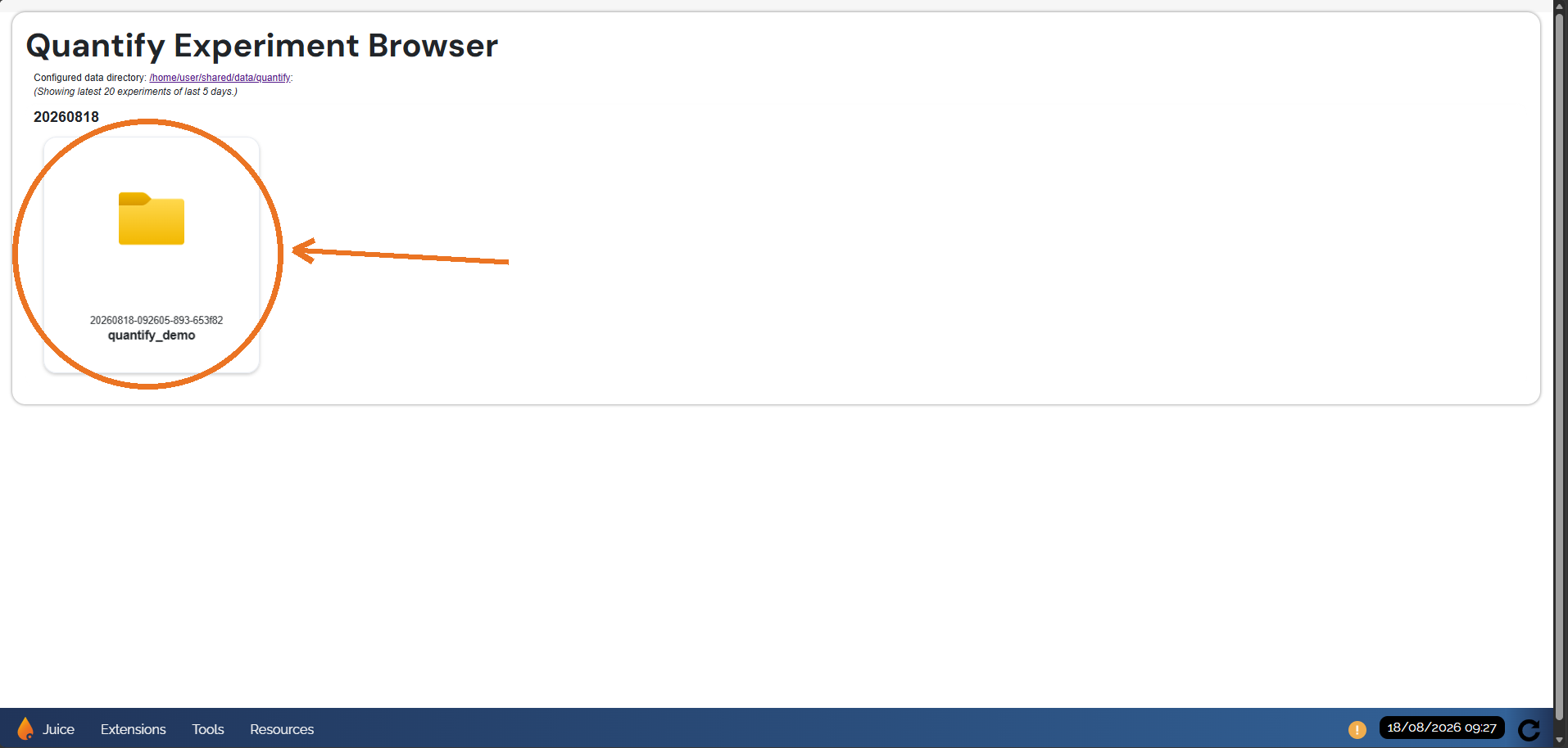 Experiment browser dashboard page listing the quantify_demo run