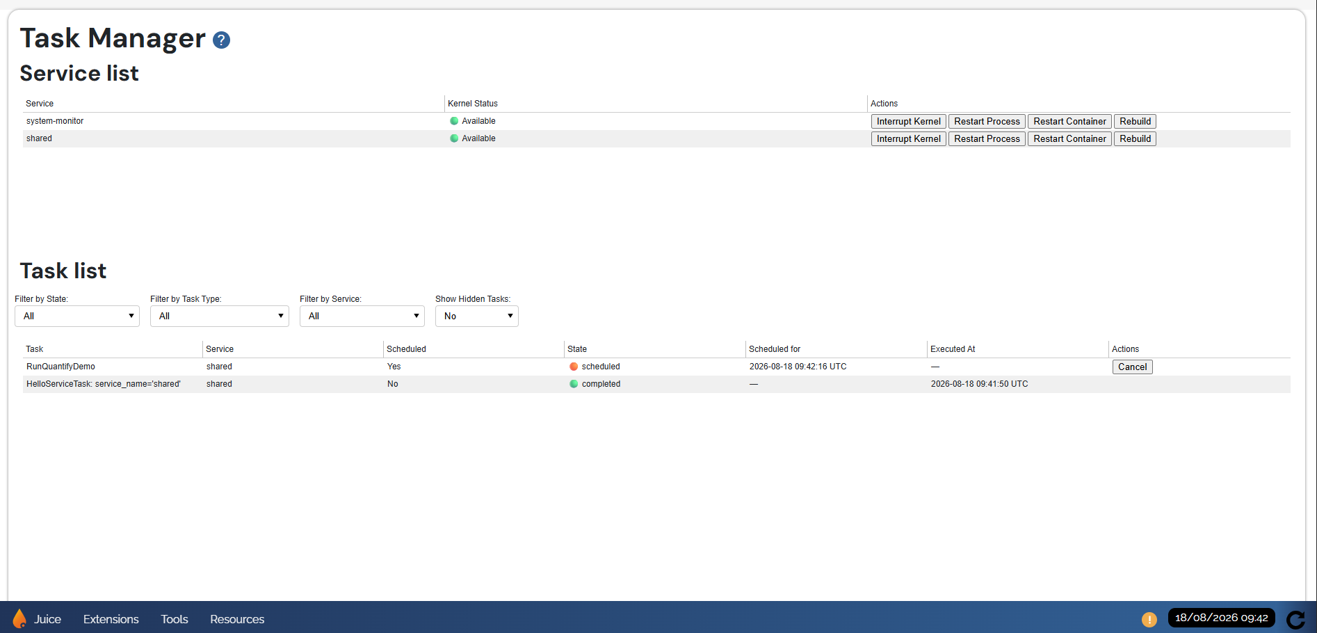 The scheduled RunQuantifyDemo task in the Task Manager dashboard